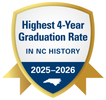Gold seal with the words: Highest 4 Year Graduation Rate in NC History 25-26