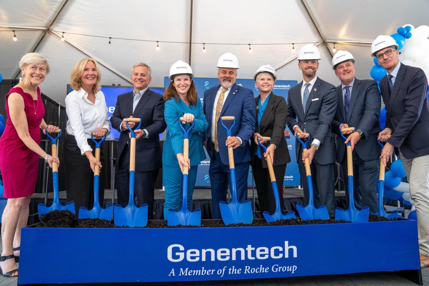 Governor Stein, Representative Ross, and other leaders at the Genentech groundbreaking