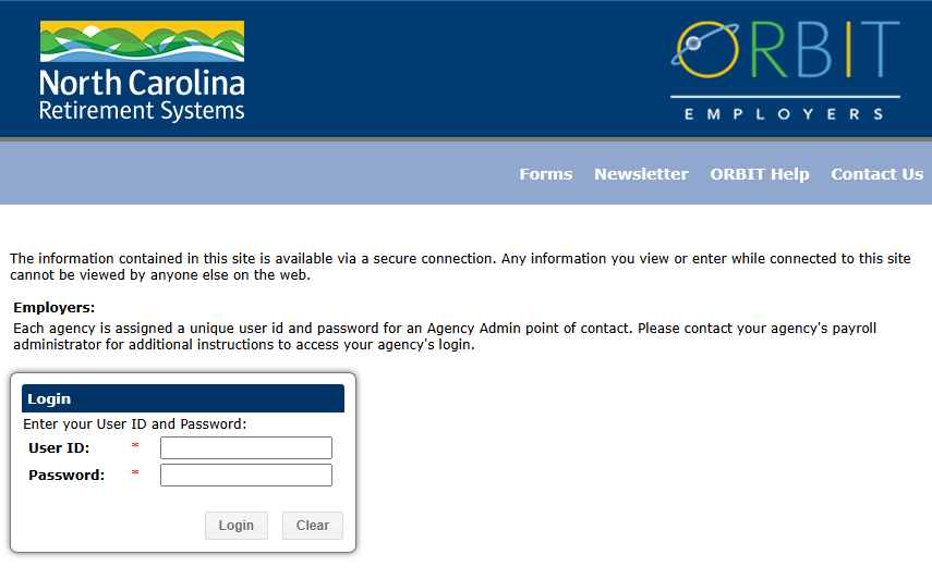 Screenshot of the ORBIT Employers log in page.