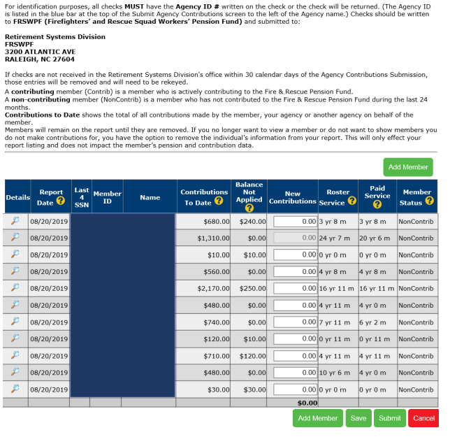 screenshot of the page where employers can enter contributions