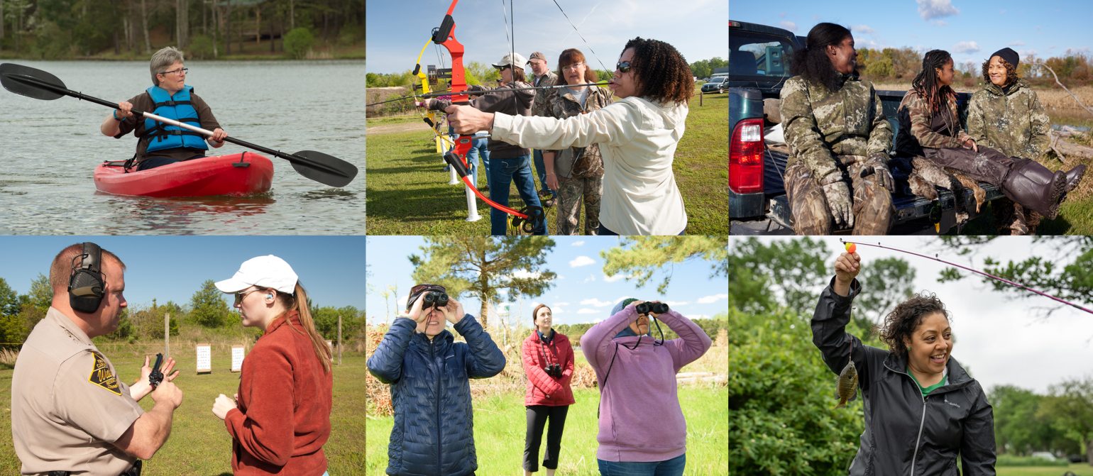 collage shows women enjoying outdoor activities: boating, archery, duck hunting, gun safety, bird watching, and fishing