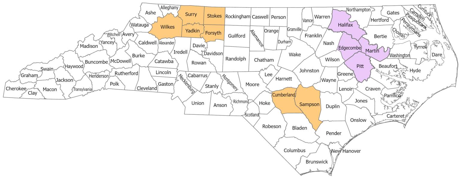 NC map of CWD Management Areas and Surveillance Areas. A complete list and description is included in the map legend below.