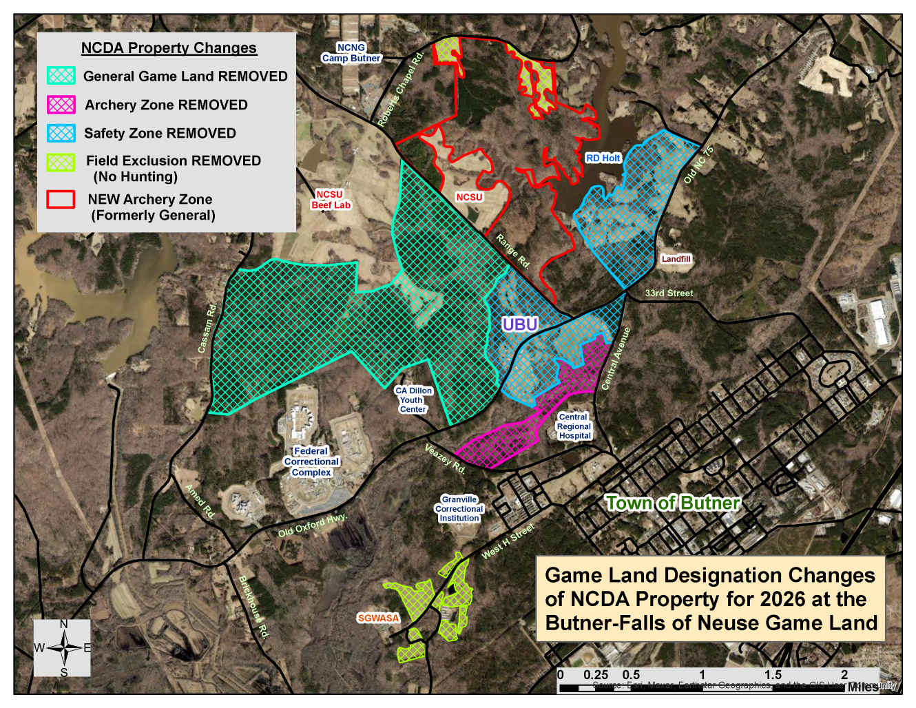 Map of Game Land Designation Changes of NCDA Property for 2026 Butner-Falls of Neuse Game Land