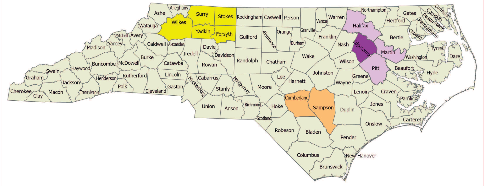 NC map of CWD Management Areas and Surveillance Areas. A complete list and description is included in the map legend below.