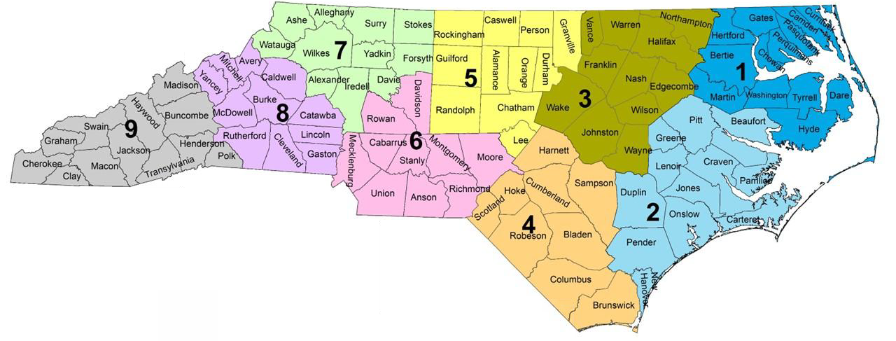 District Map of North Carolina. Districts are numbered from District 1 in the northeast of the state to District 9 in the southwest of the state.