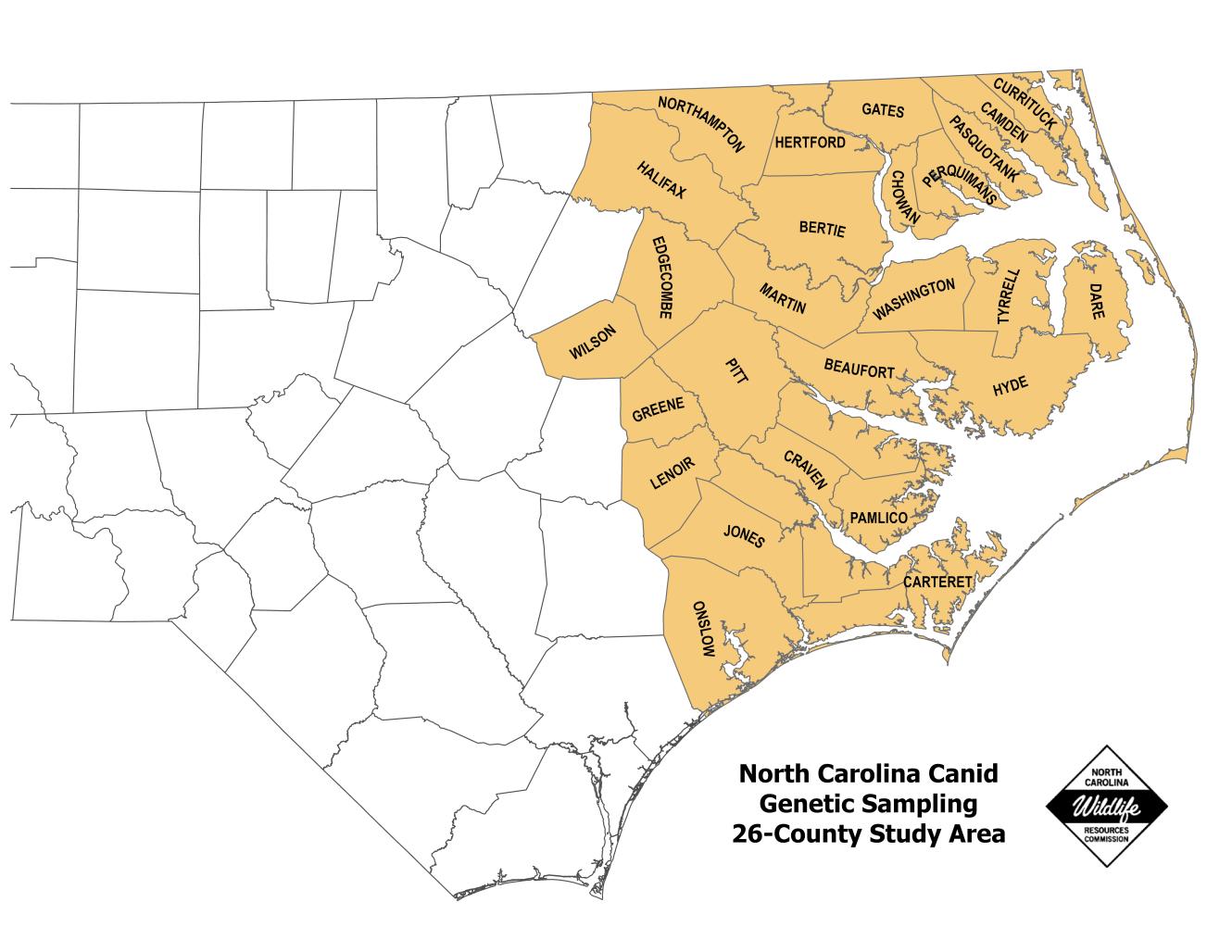 Map displaying eastern North Carolina with counties included in coastal coyote sampling program