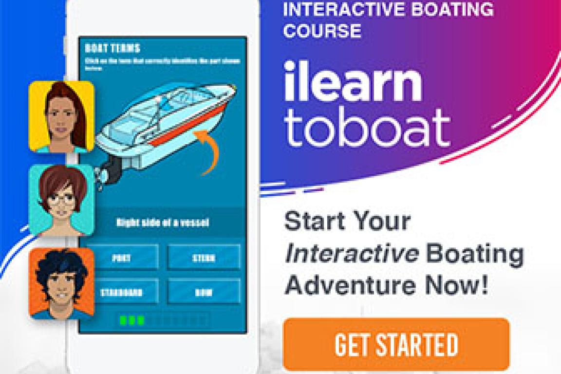 graphic with the following text: North Carolina's Interactive Boating Course at i learn to boat. Start your interactive boating adventure now! Get Started.