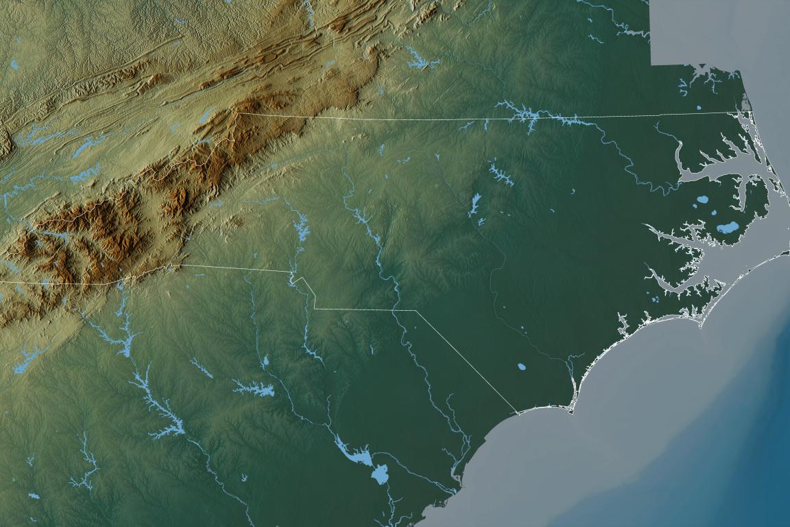 An outlined relief map of the state of North Carolina
