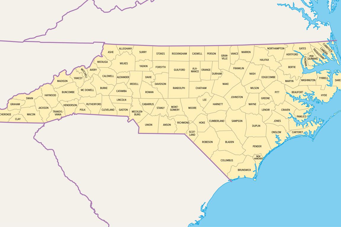 A map of North Carolina with the counties drawn and county names listed.