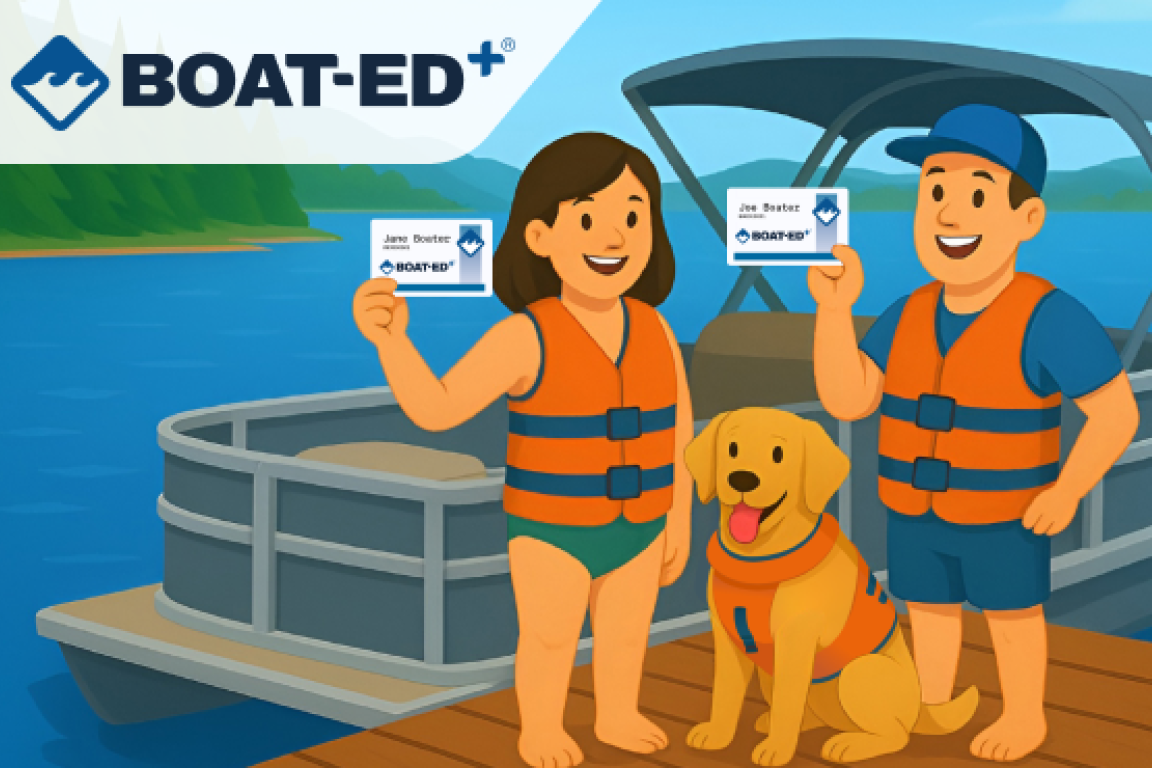 banner for Boat-Ed+ shows a man and woman holding certificates and a dog in a life preserver jacket