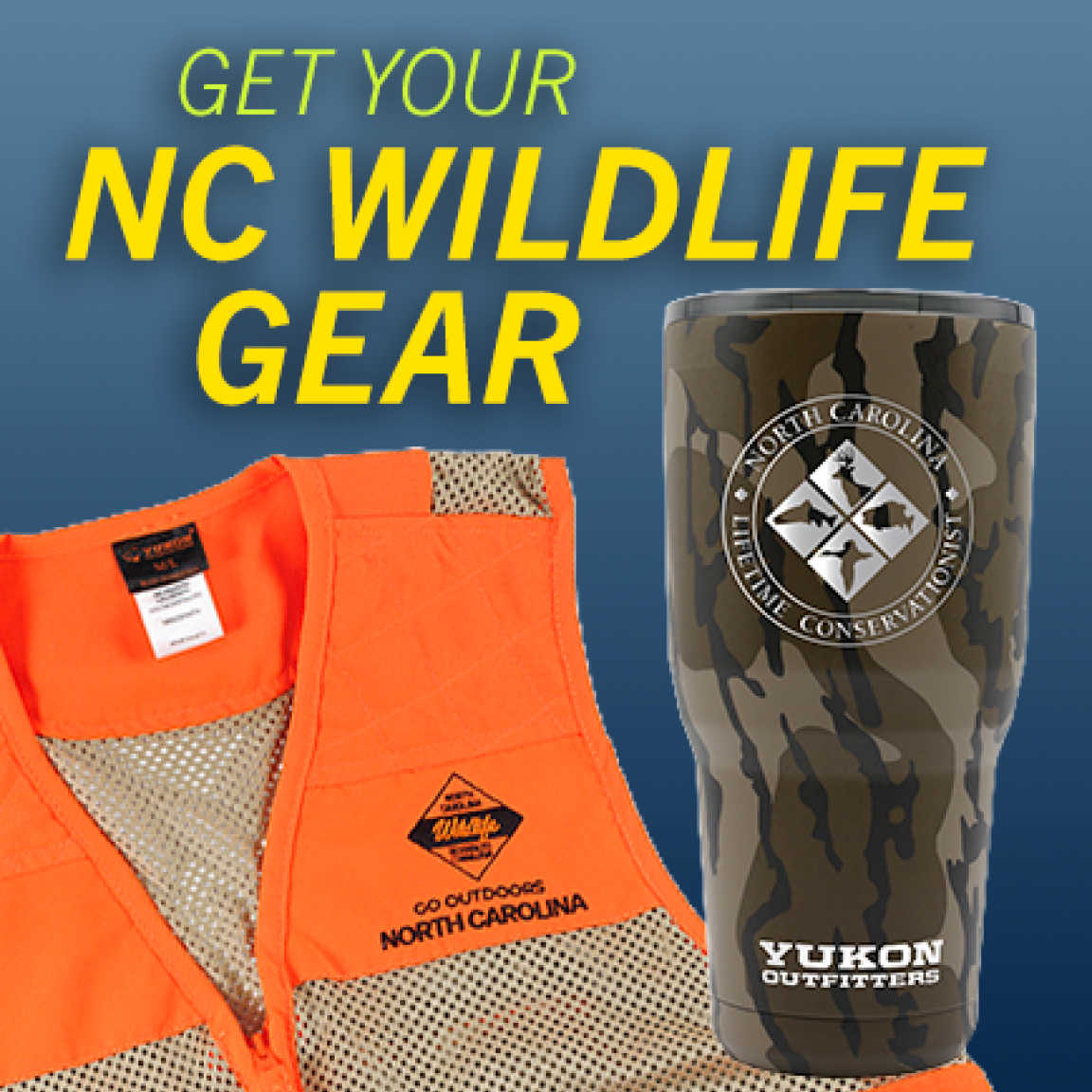 NC Wildlife Blaze Orange Vest and Camo Cup 