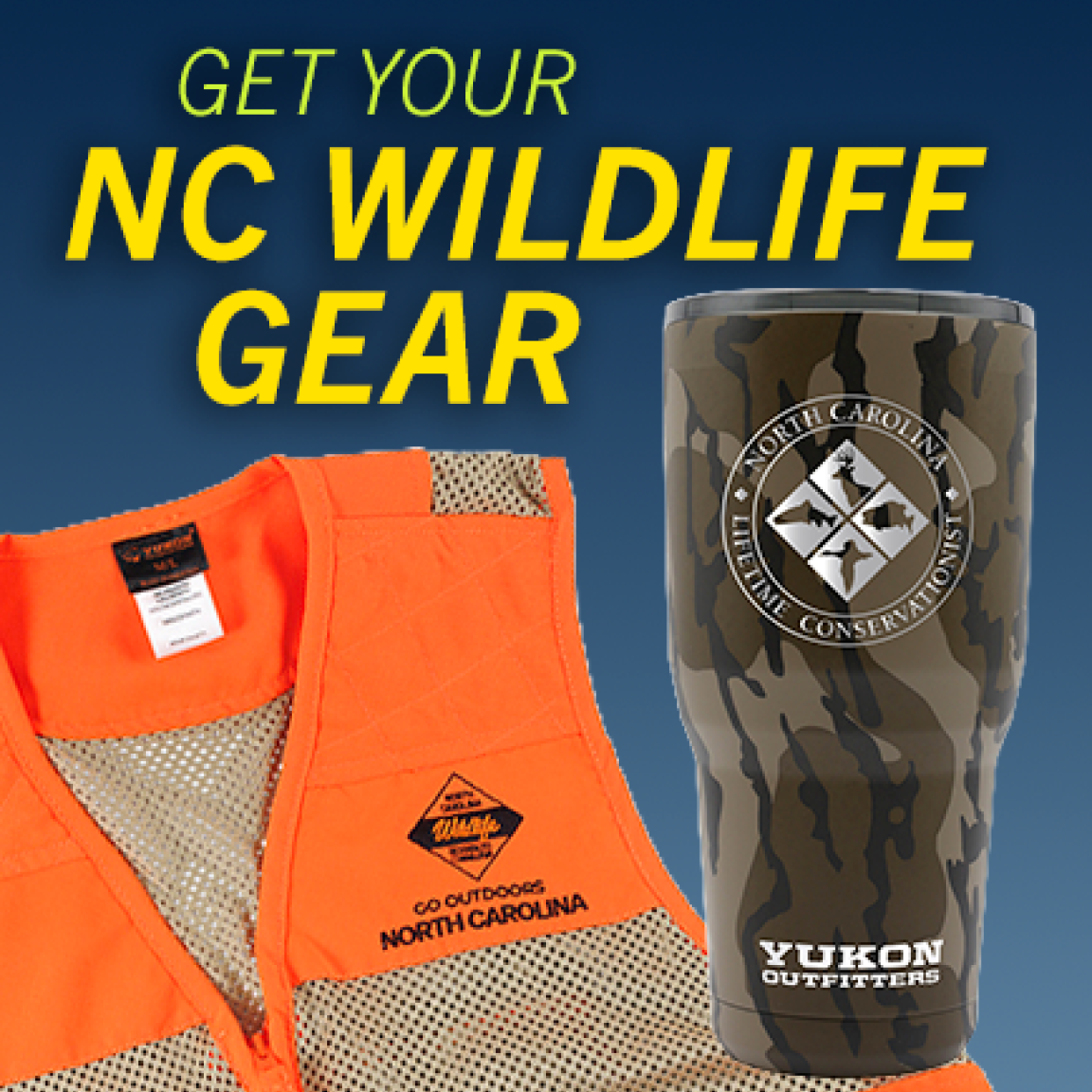 graphic titled Get Your NC Wildlife Gear with a photo of a life preserver vest and a mug