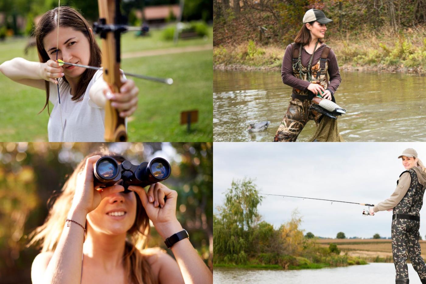 collage of four white women doing outdoor sports, such as archery, fishing and bird watching.