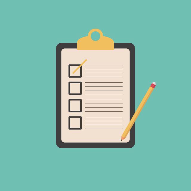 Image of a clip board with paper that has check boxes beside blank lines and a pencil resting on top at an angle