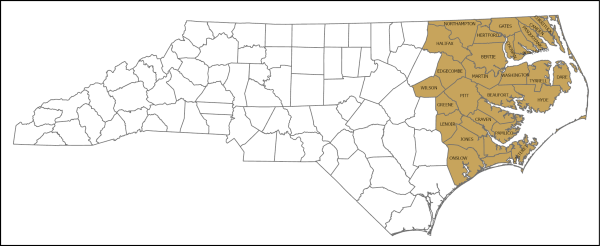 NC county map with the following counties highlighted: counties: Beaufort, Bertie, Edgecombe, Gates, Halifax, Hertford, Hyde, Jones, Martin, Northampton, Pamlico, Pitt, Pasquotank, Perquimans, Tyrrell, Washington, Wilson.