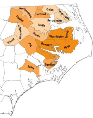 coastal map of North Carolina with the following counties highlighted: Beaufort, Bertie, Edgecombe, Gates, Halifax, Hertford, Hyde, Jones, Martin, Northampton, Pamlico, Pasquotank, Perquimans, Pitt, Tyrrell, Washington, Wilson.