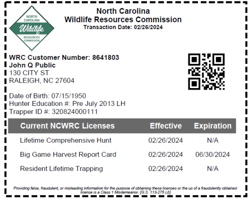 Sample NCWRC License Card