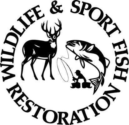 Logo for the Wildlife and Sport Fish Restoration Fund with the text shown in a circle around a white-tailed deer and fish on a fishing line