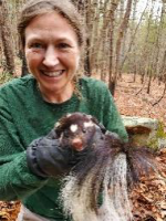 Colleen Offenbuttel poses in the woods holding a skunk