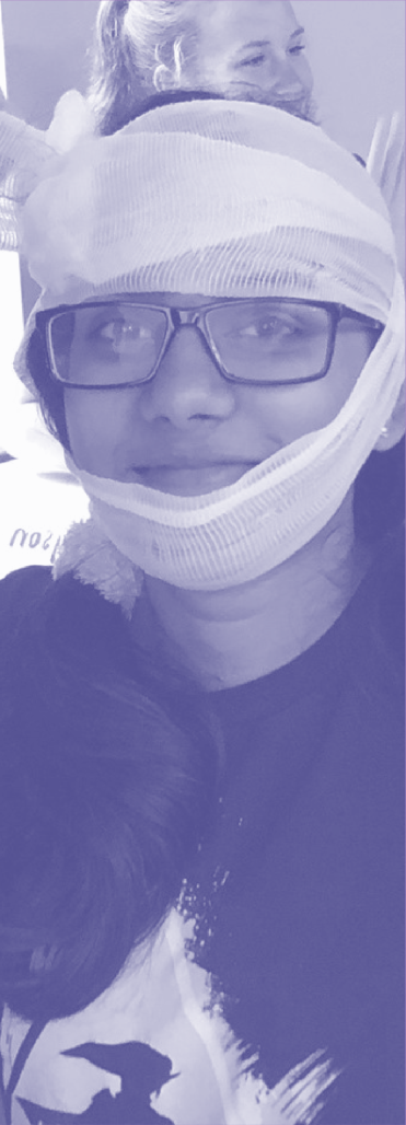 Person wearing medical or emergency response head wrapping