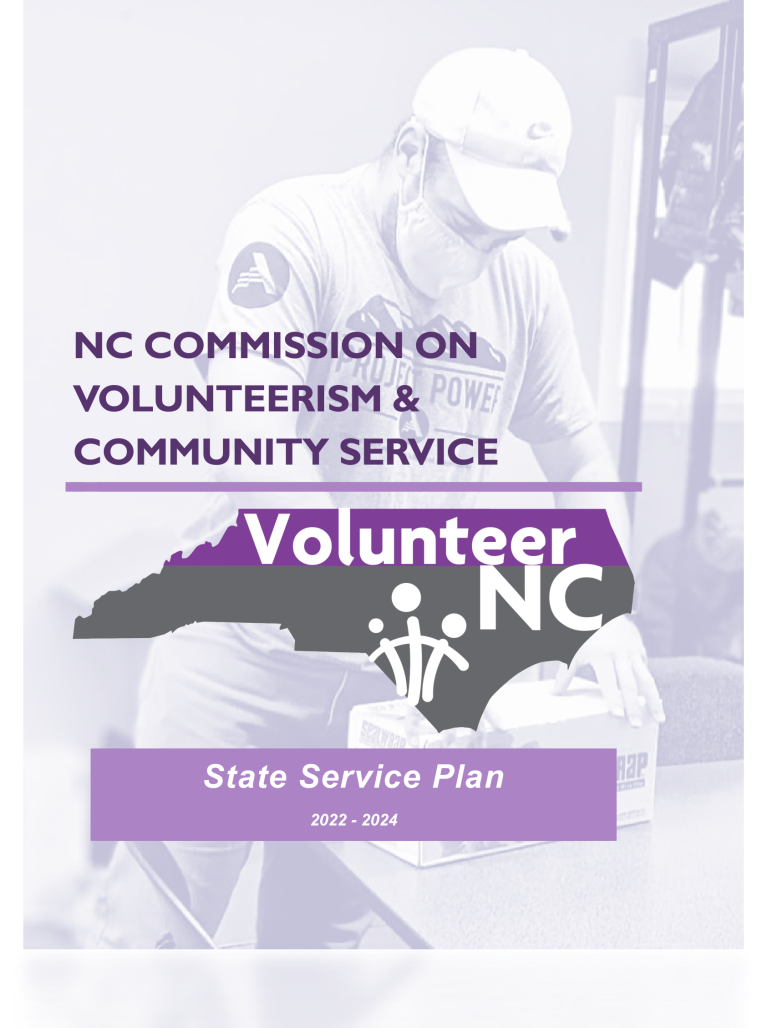 State shape with Volunteer NC logo and volunteer in background