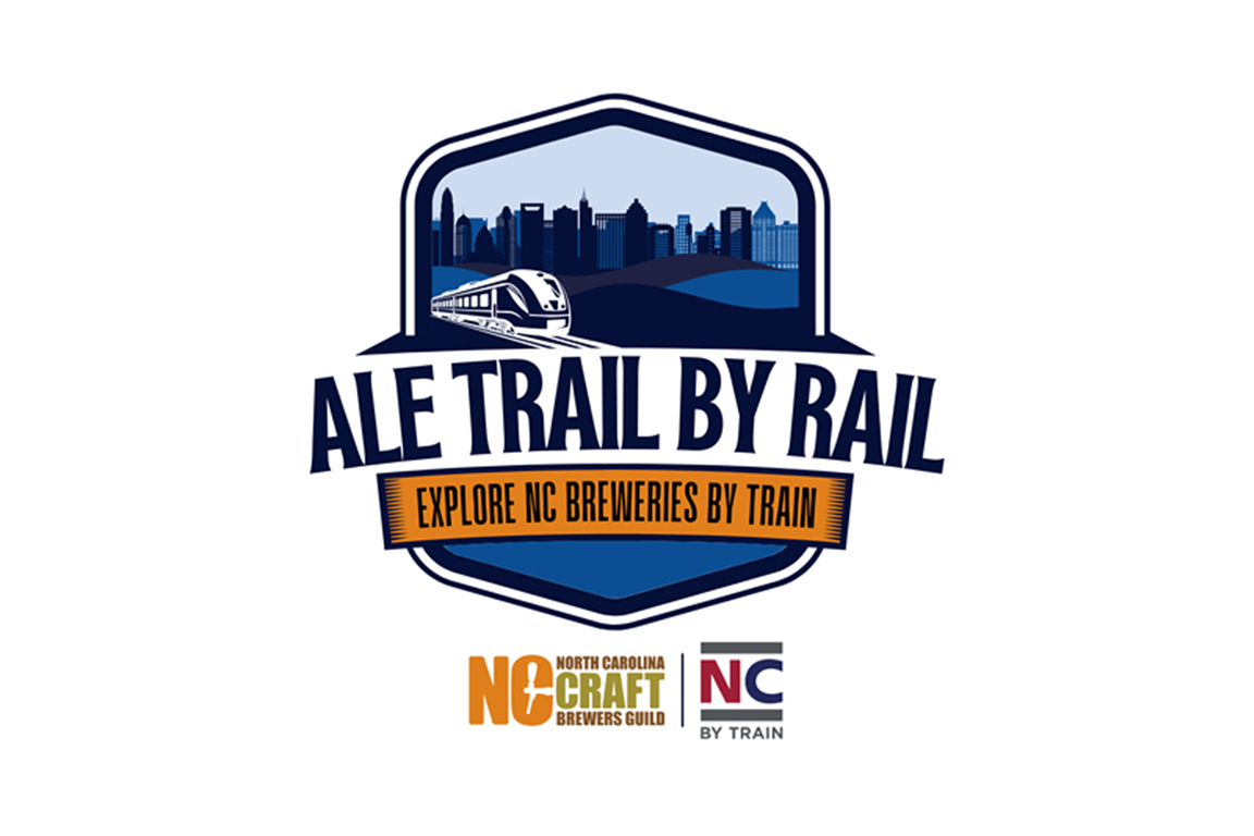 Ale Trail by Rail logo with a train and skyline in background. Explore NC breweries by train.
