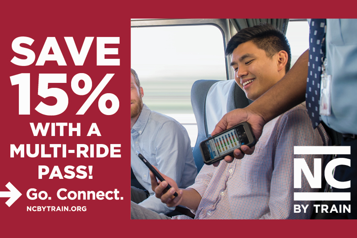 Save 15% with a multi-ride pass. Man having his ticket scanned on the train.