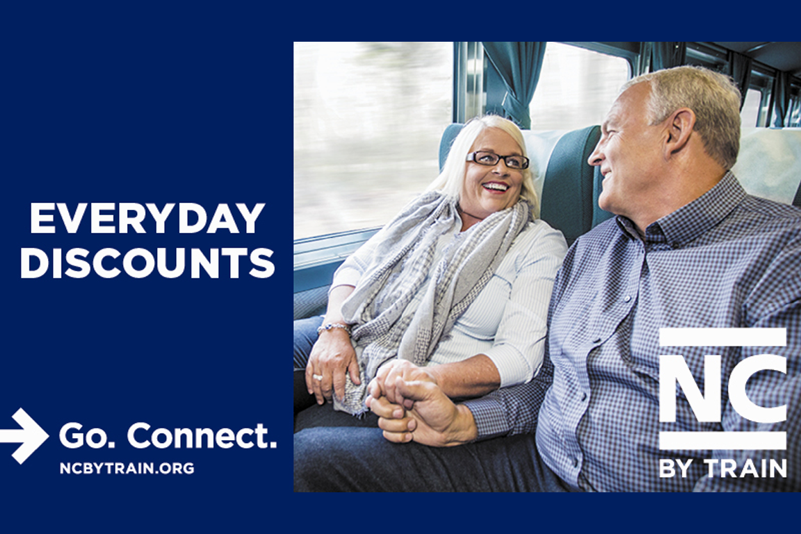 Everyday discounts. Older couple, man and woman, sitting on the train together.