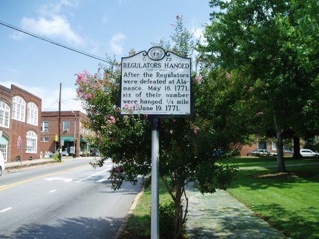 Regulators Hanged: After the Regulators were defeated at Alamance. May 16, 1771. Six of their number were hanged. 1/4 mile east. June 19, 1771.