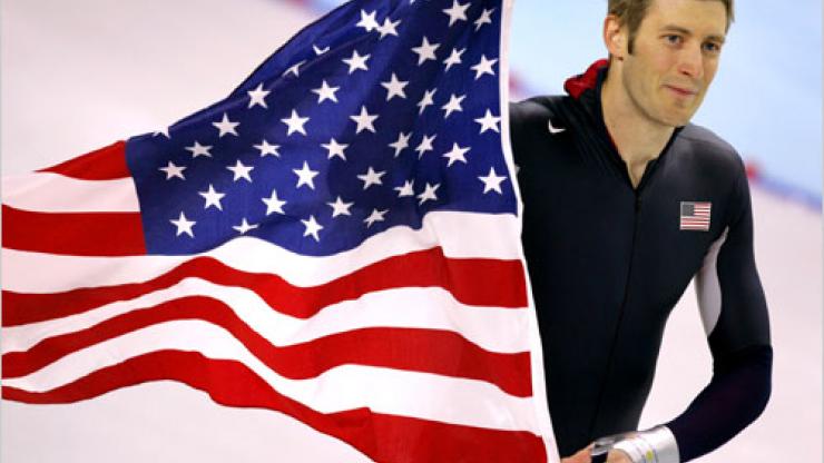 Joey Cheek waving the American flag at the 2006 Turin Olympics. Joey Cheek waving the American flag at the 2006 Turin Olympics.