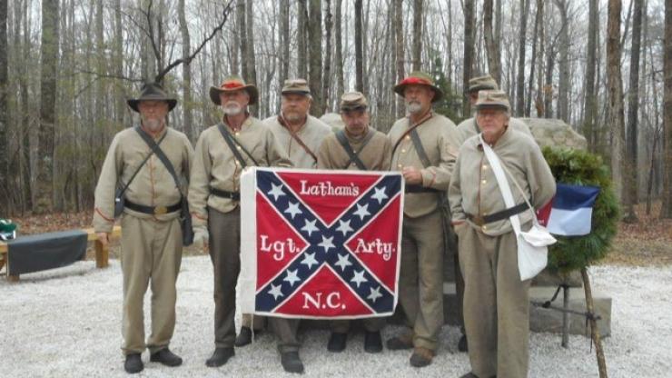 Members of the Latham’s Battery re-enacting group in the front of the North Carolina Monument at Appomattox Court House