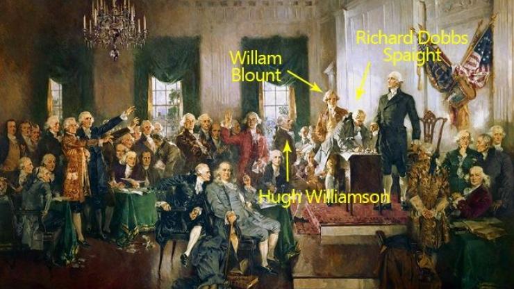 Scene at the Signing of the Constitution of the United States by Howard Chandler Christy. Richard Dobbs Spaight is pictured signing the document. William Blount is standing directly behind him, and High Williamson is standing down and to the left on the stairs. Scene at the Signing of the Constitution of the United States by Howard Chandler Christy. Richard Dobbs Spaight is pictured signing the document. William Blount is standing directly behind him, and High Williamson is standing down and to the left on the stairs.