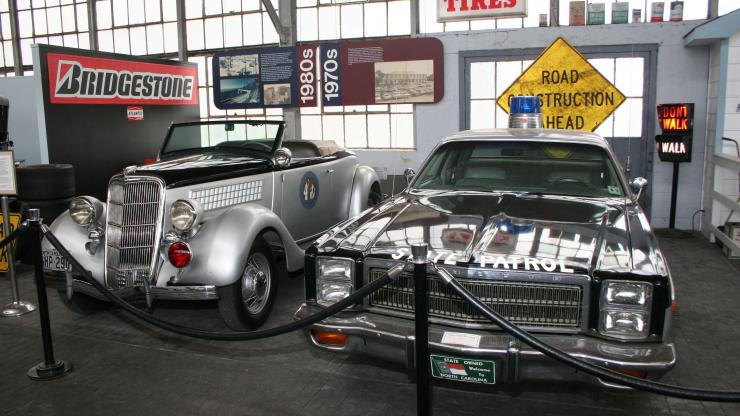 The "Bumper to Bumper" exhibit at the North Carolina Transportation Museum features a variety of antique automobiles, including the state Highway Patrol car The "Bumper to Bumper" exhibit at the North Carolina Transportation Museum features a variety of antique automobiles, including the state Highway Patrol car