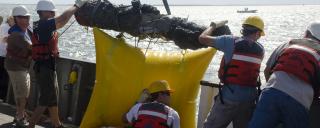 A cannon is recovered from the wreck of Blackbeard's flagship, Queen Anne's Revenge A cannon is recovered from the wreck of Blackbeard's flagship, Queen Anne's Revenge