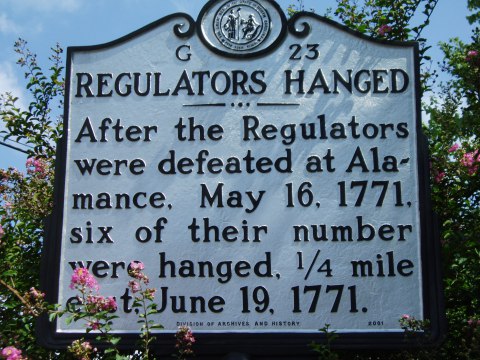 Regulators Hanged - After the Regulators were defeated at Alamance, May 16, 1771, six of their number were hanged, 1/4 mile east. June 19, 1771.