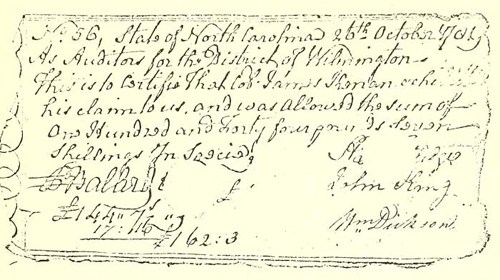 A Revolutionary War voucher issued to James Kenan. Image from UNC-Chapel Hill Libraries.