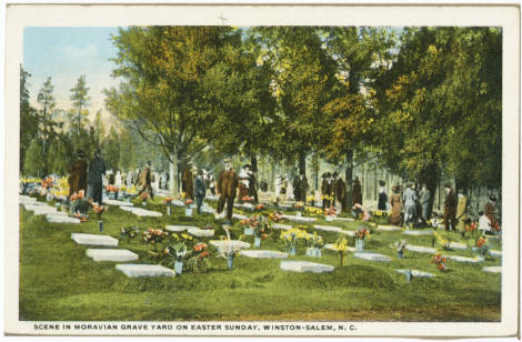 A postcard showing the scene at a Moravian graveyard on Easter morning.