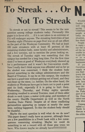 A March 1974 article describing streak week in The Decree, then the student newspaper at N.C. Wesleyan College.