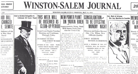 A headline in the May 11, 1913 edition of the Winston-Salem Journal announcing the consolidation of the towns. Image from the State Library