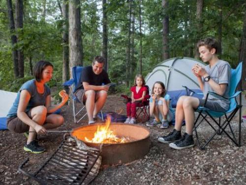 Camping family around a campfire