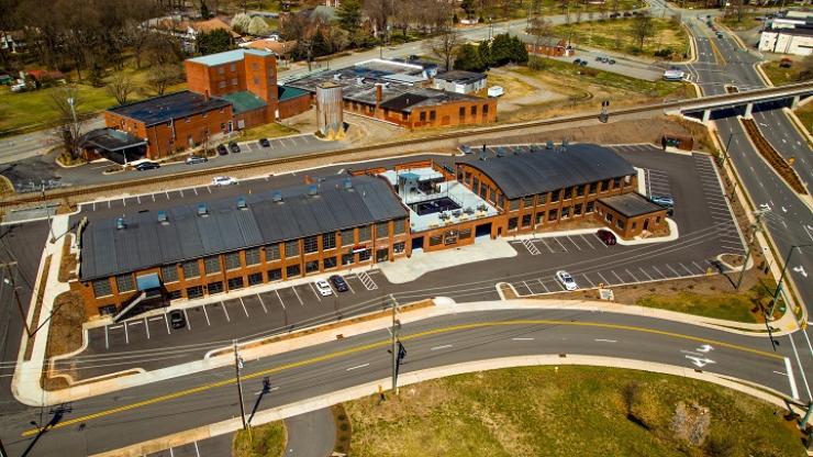 Ariel shot of Hollar Mills where Blowing Rock Brewing Company is located in Hickory