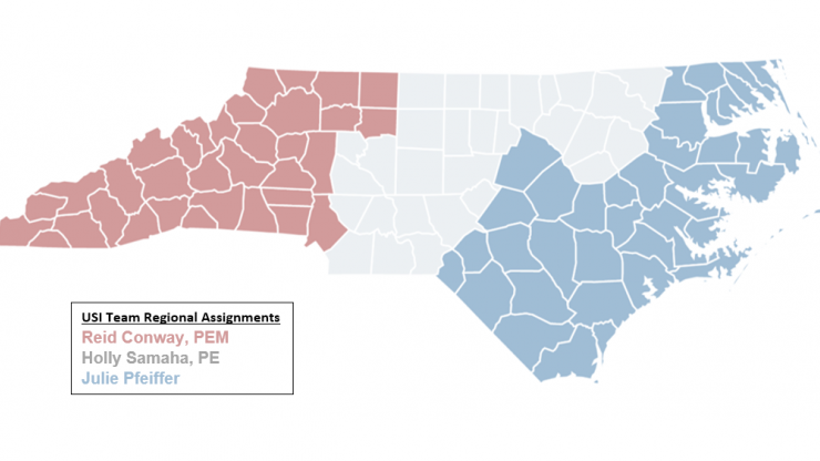 USI Team Regional Assignments A NC map with regions colors for USI Team Member Assignments