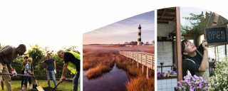 three picture collage, people helping dig a hole, coastal nature image and lady with an open sign