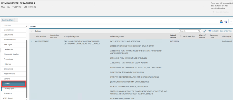 In the NC HealthConnex clinical portal, look on the left-hand navigation menu of the chartbook to find the Claims section