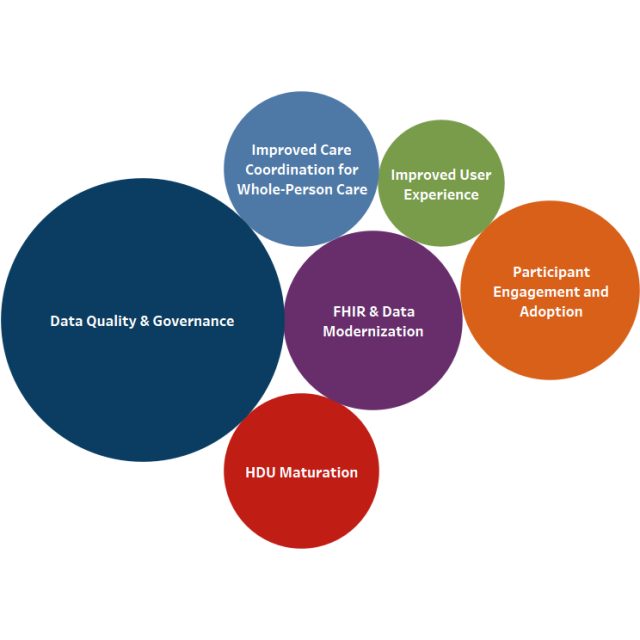 Categories of success for the NC HIEA by 2030,  in order of highest number of responses:  data quality and governance, universal data standards and data modernization, participant engagement and adoption, improve care coordination for whole-person care, improved user experience, and health utility data maturation