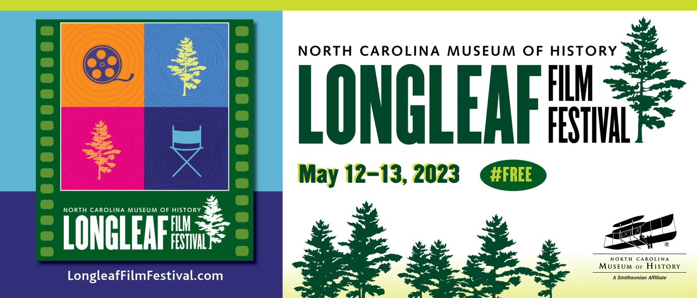 Longleaf Film Festival graphic, featuring trees and movie reels