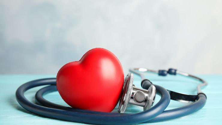 plastic red heart surrounded by stethoscope