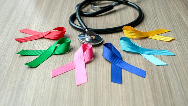cancer ribbons in red, green, pink, blues, and yellow