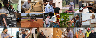 collage of men and women in different work places