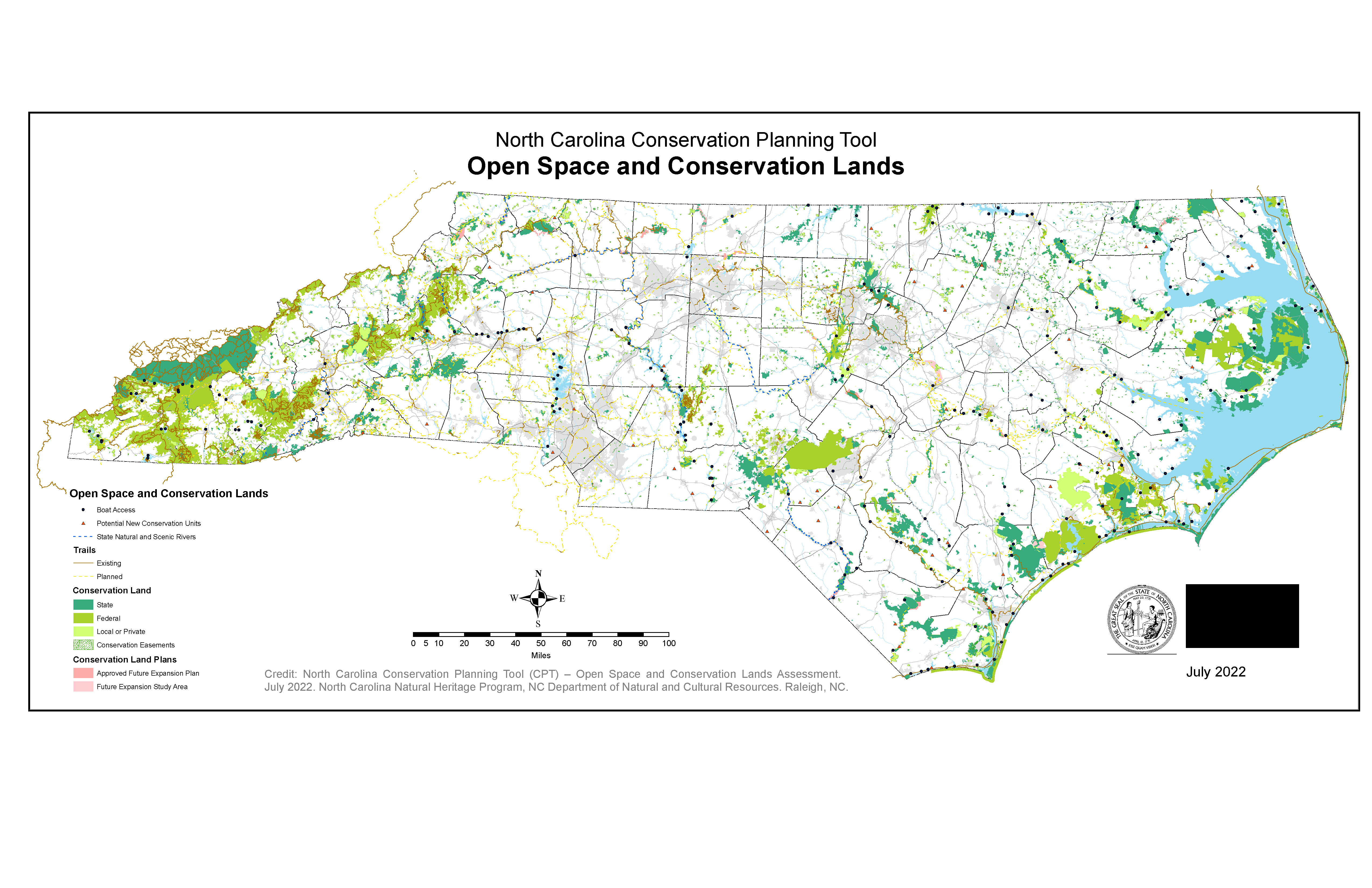 A map of North Carolina showing open space and conservation lands across the state.